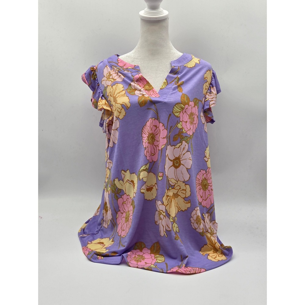 Dear Scarlett Women's Medium Purple Floral Ruffle Sleeve V-Neck Top 101-579